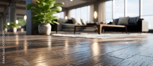 Lustrous dark wood floor reflects light in a modern room with black sofas, a coffee table, and a green plant, creating a stylish living space
