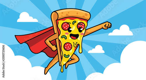 A flying pizza slice superhero