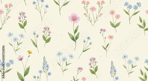 Tiny blossoms and leaves dancing across a warm neutral canvas