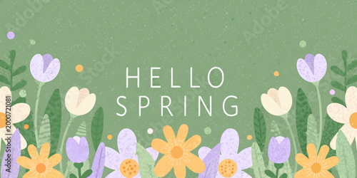 hello spring text with colorful flowers on green background high quality professional detailed modern elegant