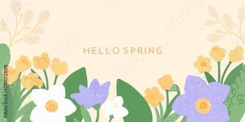 hello spring floral banner in watercolor style with colorful flowers high quality professional detailed modern