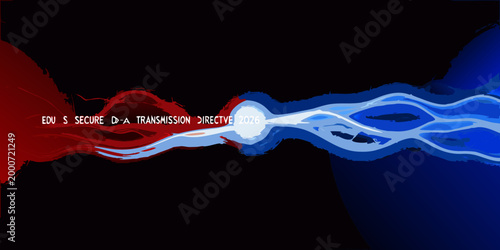 intersecting red and blue energy waves with text overlay on black background high quality professional