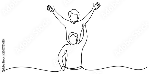 Continuous one line drawing of a father carrying his happy child on shoulders with arms raised up expressing joy and family love in a minimal style