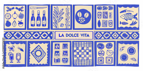 italian culinary and leisure culture collage with blue and beige illustrations high quality professional detailed