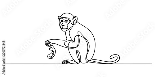 Continuous single line drawing of a cute monkey sitting and looking forward as a minimalist artistic vector illustration for creative design projects