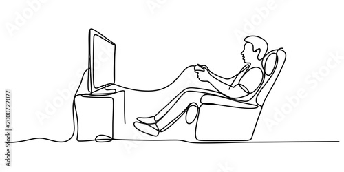 A man sitting in a comfortable armchair playing video games on a television screen drawn in a continuous single line art style