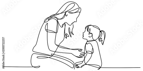 Continuous single line drawing of a mother talking to her little daughter sitting together with love and care