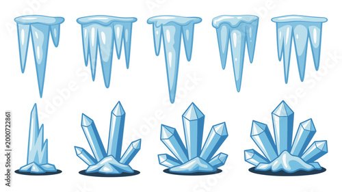 Collection of cartoon rendered icicles and blue crystal clusters on a white background with crystals, isolated