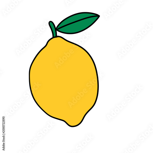 Colorful lemon illustration with bold black outline and hand-drawn style. A vibrant citrus fruit icon featuring bright yellow tones and green leaves, isolated on transparent background (PNG). 