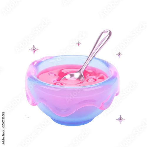 Glossy 3D pink soup bowl with silver spoon, magical pastel food illustration, vibrant liquid dessert in blue ceramic dish with sparkles