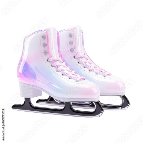 Holographic ice skates with iridescent pastel finish, 3D render of figure skating boots, glossy pearlescent winter sports equipment on white background
