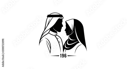 Quadro su tela Silhouette of a couple in traditional Arab attire, facing each other