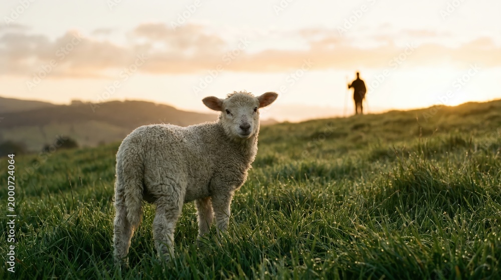 Fototapeta premium Lamb stands in field at golden hour