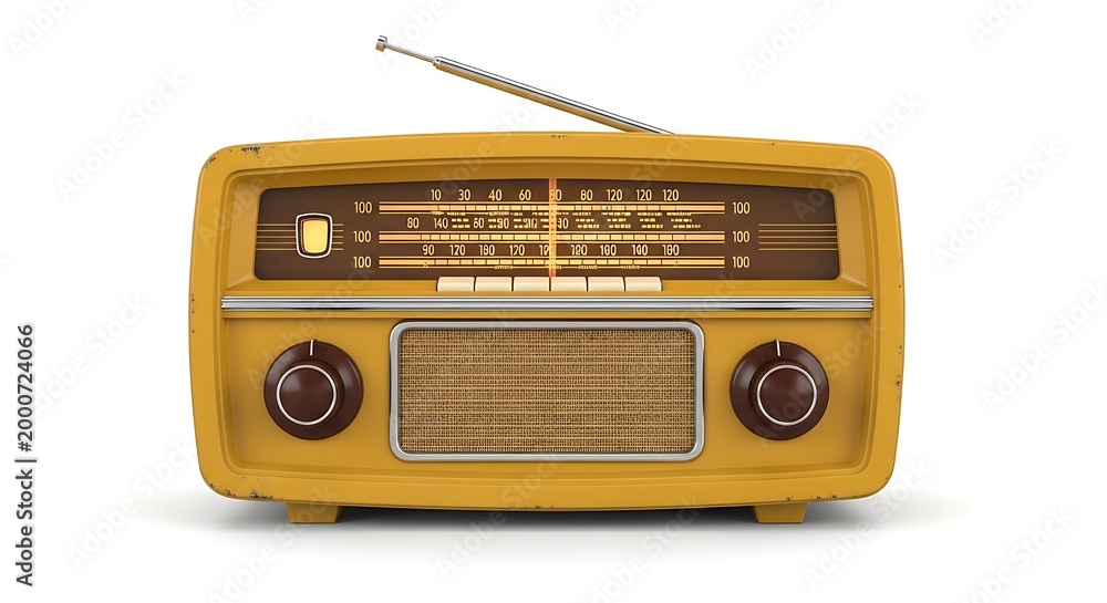 Fototapeta premium Vintage yellow radio isolated on white background for media communication