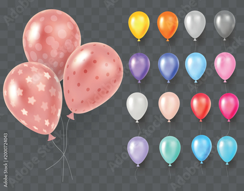Realistic balloons. Inflated latex orbs at string. 3D floating objects. Celebration decorations and garland elements. Vector image of helium balls with various patterns for holiday party
