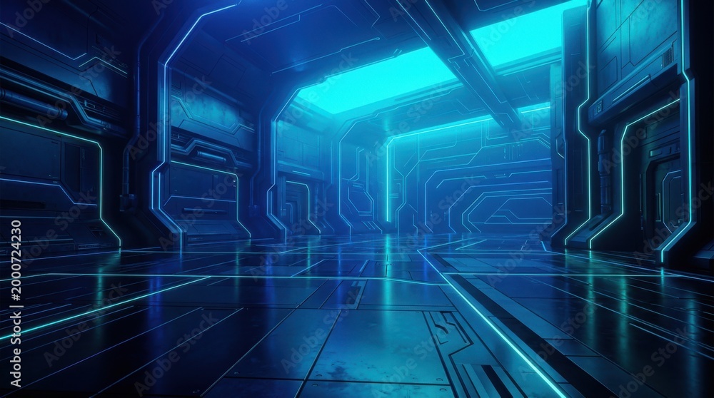 Fototapeta premium Futuristic sci-fi corridor with glowing blue neon lights, high-tech spaceship interior hallway with metallic surfaces, cinematic laboratory background for gaming and science fiction concepts.