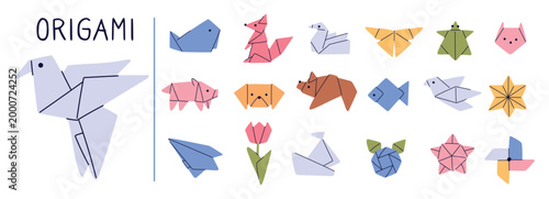 Origami animals. Asian art. Japanese traditional hobby. Pets muzzle. Dove birds. Creative fish and mammals. Handmade geometric flower. Vector set of figures folded from colorful paper