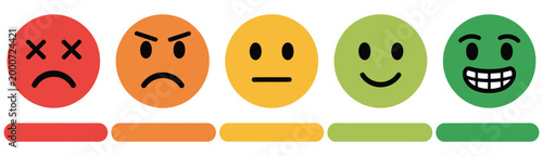 Feedback scale set with five emoticons, sad to happy rating icons, survey and satisfaction measurement symbols, clean vector design elements for mobile apps, websites, and customer feedback systems.