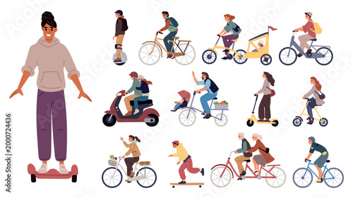 Men and women use various modes of transportation, including roller skates, electric cars, self propelled vehicles. People on scooters and bicycles. Biker on moped. Vector transport set