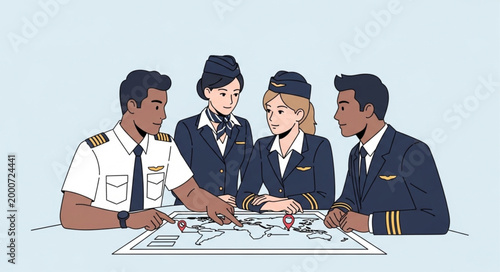 Airline crew collaborating around a flight plan map.