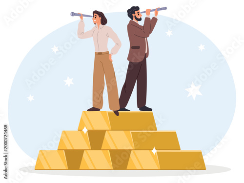 Man and woman with telescopes looking out from large pyramid of gold bars. Seeking investment opportunities and making profit in golden ingot market. People finding income. Vector concept