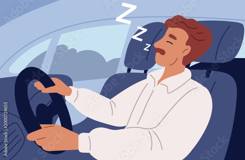 Male driver is sleeping at wheel of moving car. Tired guy has closed his eyes in automobile. Exhausted man. Risk auto collision. Overworked person slumbering in vehicle. Vector concept
