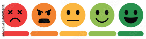 Feedback scale icon set with five emoticons from sad to happy, survey rating symbols, customer satisfaction scale, mood evaluation concept, modern vector icons perfect for questionnaires, apps, and us