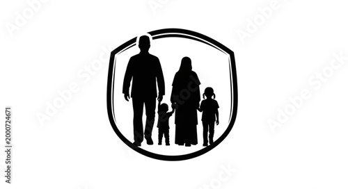 Silhouette of a family of four inside a circular frame.