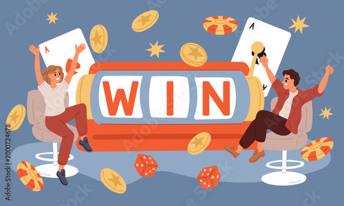 Happy people play slot machines. Man and woman celebrate their winnings from gambling. Luck and good fortune. Blackjack poker card and roulette bet chips. Gamble win. Vector concept