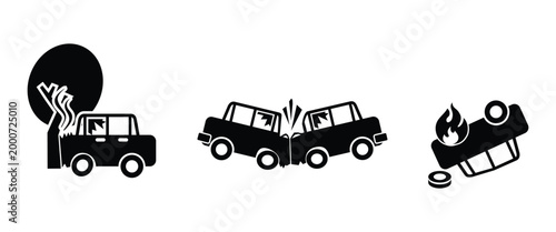 Car Accident Icon Set – Vehicle Collision, Crash & Road Safety Vector Collection