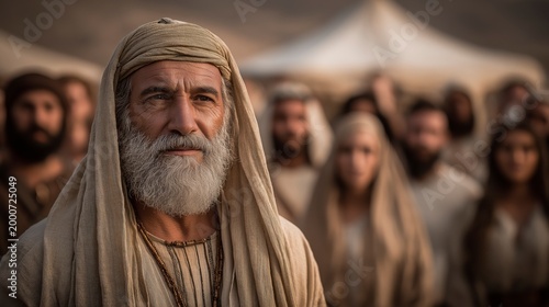 Moses addresses Israel outside the Tabernacle at sunset, his aged authority and the silent assembly revealing covenant duty, unity, and moral resolve.
