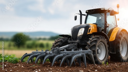 Ground view of farming equipment with dark tines on dry earth under bright sky with lens flare showcasing rural agricultural scene and equipment function in clear sunlight