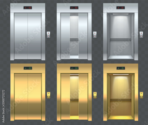 Gold and silver elevator entrance doors. Realistic metallic opening and closing hotel doorway with call buttons and floor indicators. 3D cabin gates. Lobby interior elements vector set
