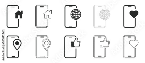 A set of vector icons depicting mobile phone symbols for navigation, social media, and location on a clean white background