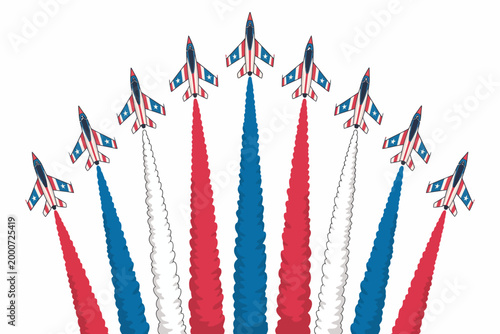 Nine jet planes create a striking formation in the sky. The red, white, and blue trails form a vibrant fan pattern against the white background.