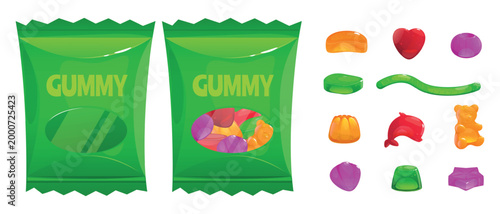 Fruit chewy marmalade in plastic packaging. Flavored jelly gum candies. Sugar snacks. Delicious gelatin dessert. Foil packs. Full and empty wrappers. Vector confectionery elements set