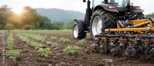 Modern agricultural machinery cultivates dry soil with vibrant yellow frame and metallic tines against a sunlit landscape in a rural setting