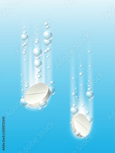 Effervescent water soluble tablets. Realistic capsules in water. Air bubbles. Decomposition reaction. Medical remedy. Prescription pill. Fizzy painkiller. Vector pharmaceutical treatment
