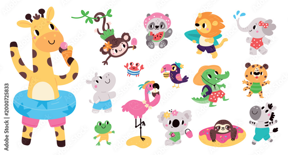 Fototapeta premium Cute cartoon animals on beach. Funny fauna characters in swimsuits and shorts. Summer vacation at seaside. Cute flamingo. Happy giraffe in bikini. Sea swimming. Traveling vector set