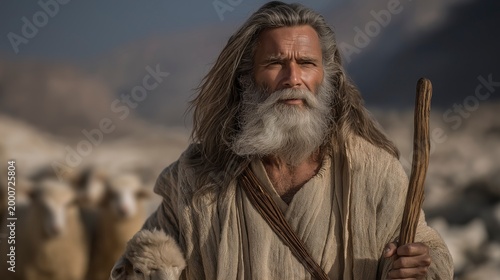 Moses, aged and weathered, leads sheep across Midian’s rocky terrain, staff in hand, as warm light reveals quiet preparation, humility, and a life shaped in solitude.
