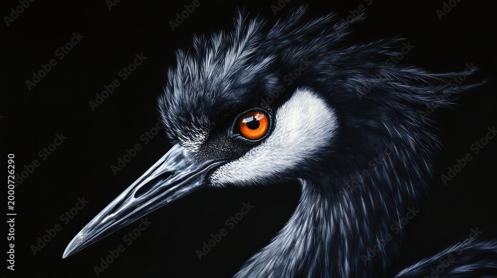 Fototapeta premium Close-up portrait of a crane, dark background. Possible use Nature photography