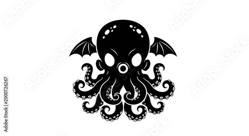 Black Octopus Silhouette with Bat Wings, Minimalist Illustration, Isolated on White Background, Graphic Design