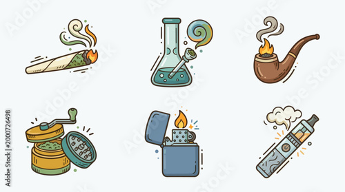 Smoking and Tobacco Icons Set in Hand Drawn Doodle Style Illustration