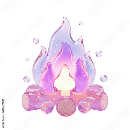 Stylized 3D campfire with purple and pink flames, glossy glass texture bonfire on logs, magical glowing fire element for gaming and fantasy UI