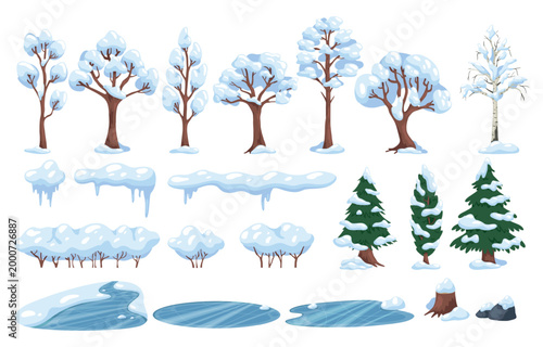 Cartoon winter nature elements. Snowy trees and bushes. Water lake ice. Shrubs with snowdrifts. Wild forest. Snow with icicles. Frozen pond and puddles. Cold season. Recent vector set