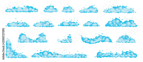 Cartoon soap foam with blue bubbles in flat style. Shower detergent suds. Soapy border. Cosmetic mousse or cleanser. Shampoo balls. Cleaning toiletry. Laundry lather. Vector elements set