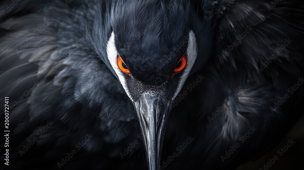Fototapeta premium Close-up crane portrait, intense gaze, dark feathers