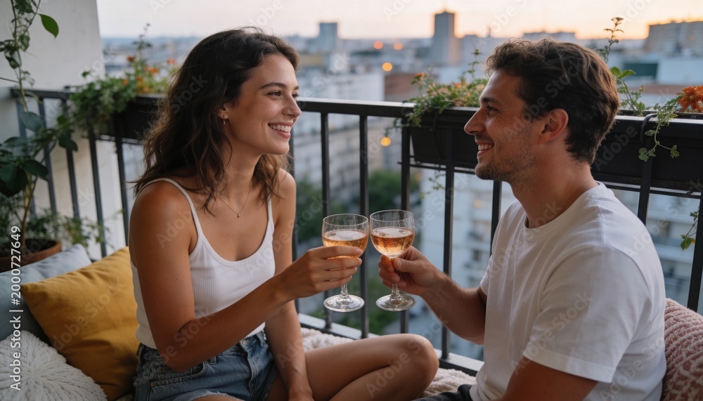 Naklejka premium Young couple toasting with wine on a city balcony at sunset. Romantic date night in an urban apartment. Man and woman celebrating together during golden hour