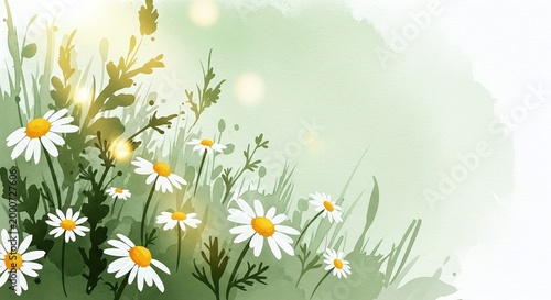 Watercolor daisy meadow illustration with glowing bokeh lights, with copy space. This ethereal composition is suitable for wedding invitations, nature-themed blogs, and branding, on blurred background