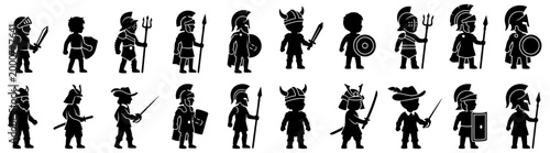 A collection of stylized simplified black silhouettes of various historical warrior characters holding weapons and shields icon medieval knight samurai viking gladiator spartan
